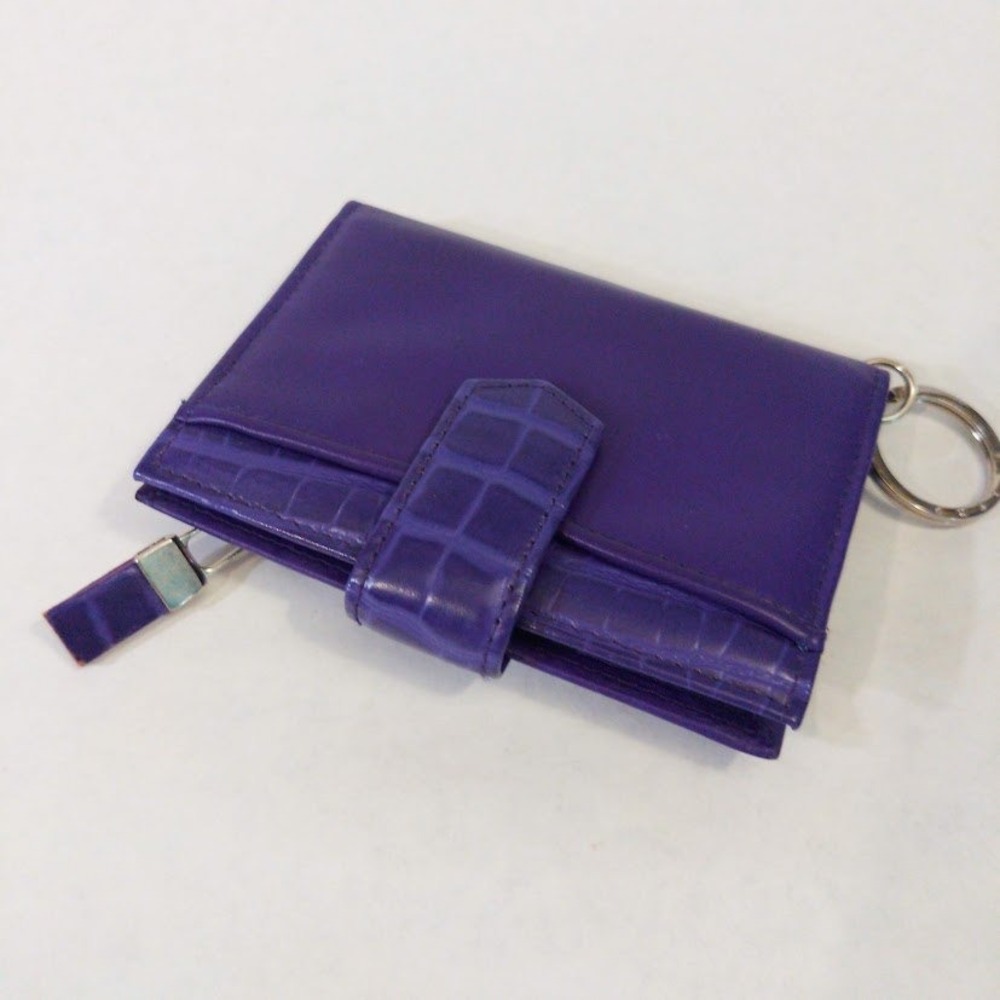 Buxton Purple Leather Card Case Wallet Croc Embossed Keyring RFID Insert NWT